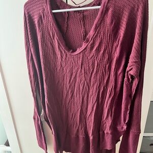 We The Free Waffle Knit Scoop Neck Long Sleeve Top - Burgundy